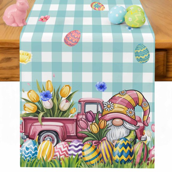 Easter Table Runner Tulip Gnome Eggs Table Runners Floral Truck Teal Plaid Cotton Linen Dresser Scarf Kitchen Dining Table Decor for Spring Holiday Party Decor 13x36 Inch