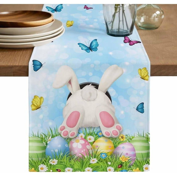 Easter Table Runner, Washable Cotton Linen Table Runners 36 Inches Long, Spring Colorful Easter Eggs Bunny Butterfly Blue Dresser Scarf Runner for Nightstand/End Tables/Round Tables 13''''x36''''