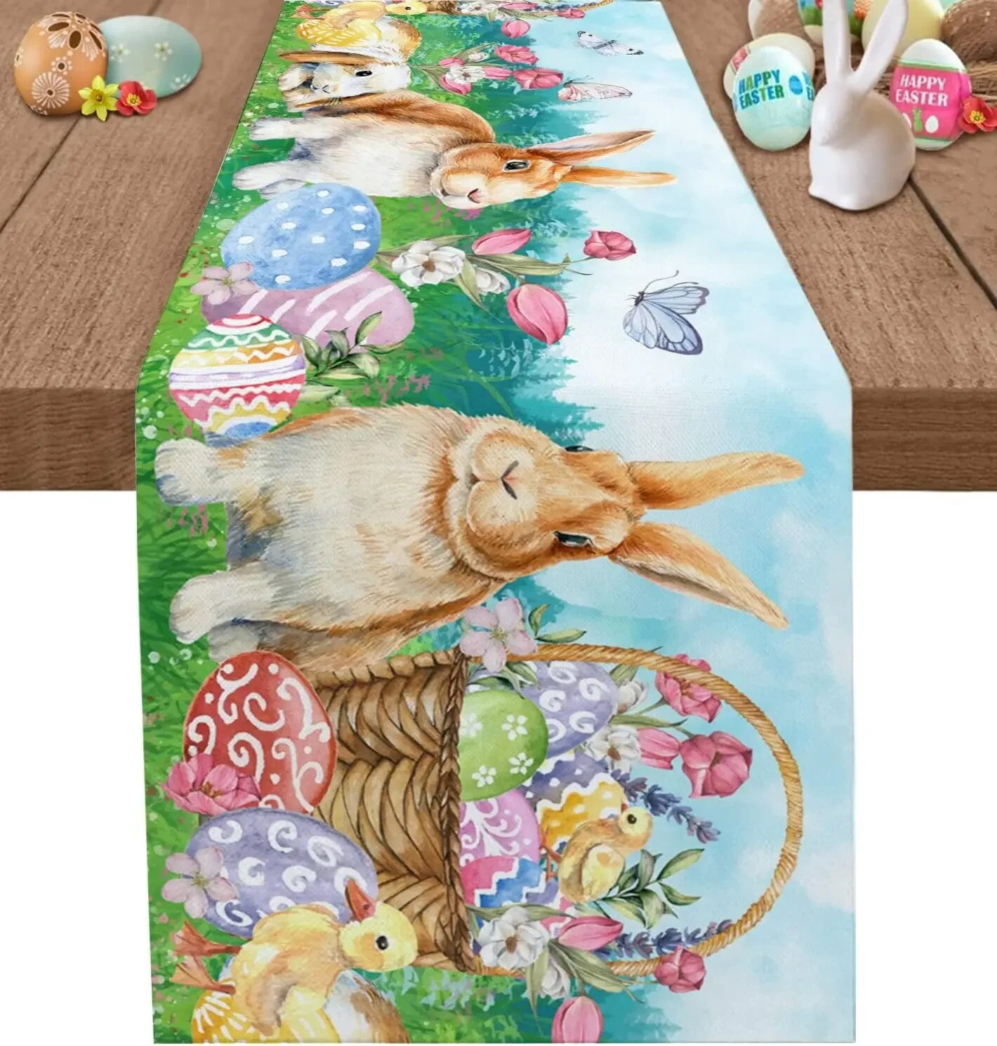 Easter Table Runners Bunny Eggs Spring Farm Meadow Linen Table Runners ...