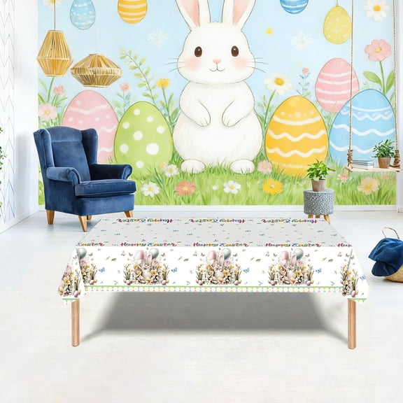 Easter Tablecloth 108 x 54 Inch Rectangle, Easter Bunny Table Cloth, Disposable Bunny Party Supplies Table Cover for Dining Room Spring Oblong Tablecloth Indoor Decor