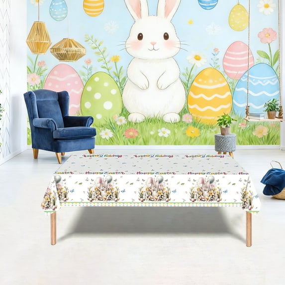 Easter Tablecloth 108 x 54 Inch Rectangle, Easter Bunny Table Cloth, Disposable Bunny Party Supplies Table Cover for Dining Room Spring Oblong Tablecloth Indoor Decor