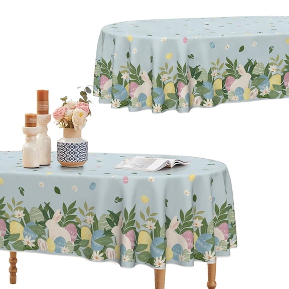 Easter Tablecloth 52'' x 70'' Easter Table Cloth Rectangle Table Easter Eggs Bunny Wildflower Polyester Table Cover Reusable Spring Tablecloth for Easter Party, Brunch, Seasonal Table Decorations E