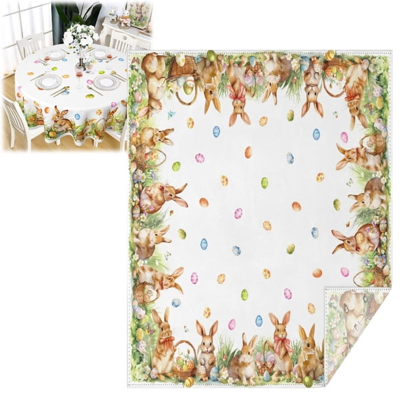 Easter Tablecloth 52'' x 70'' Easter Table Cloth Rectangle Table Easter Eggs Bunny Wildflower Polyester Table Cover Reusable Spring Tablecloth for Easter Party, Brunch, Seasonal Table Decorations G
