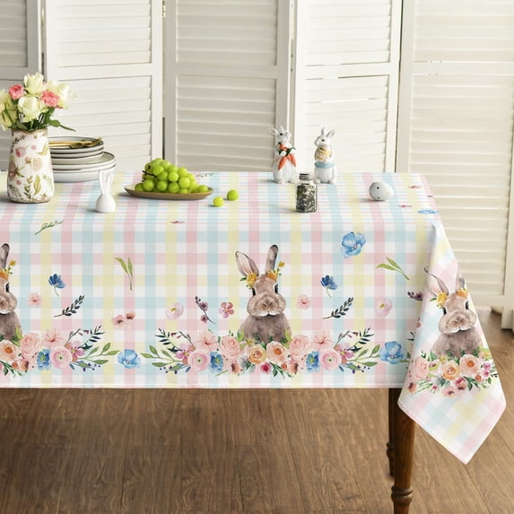Easter Tablecloth 60×120 Inch Rectangular, Colorful Spring Flower Buffalo Plaid Bunny Washable Table Cover for Party Picnic Dinner Decor