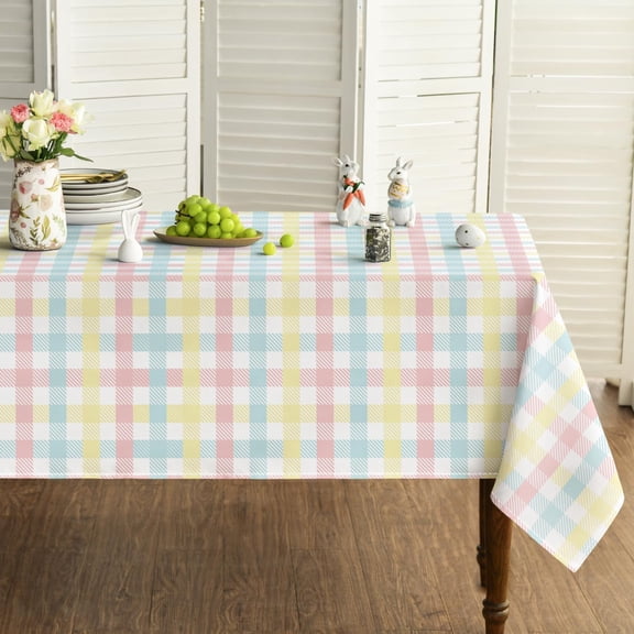Easter Tablecloth 60×60 Inch, Buffalo Plaid Spring Washable Table Cover for Party Picnic Dinner Decor