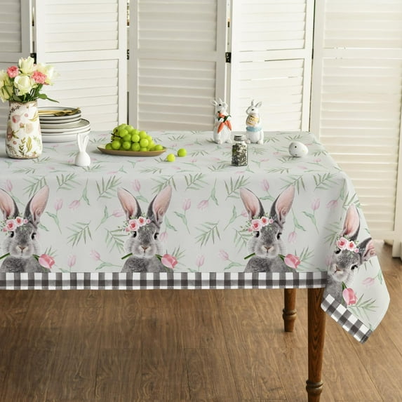 Easter Tablecloth 60×60 Inch, Flowers Bunny Buffalo Plaid Washable Table Cover for Party Picnic Dinner Decor