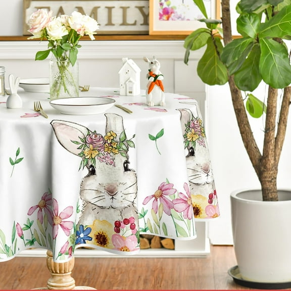 Easter Tablecloth 60×60 Inch Round, Spring Flower Bunny Washable Table Cover for Party Picnic Dinner Decor