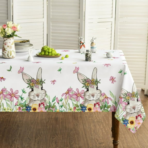 Easter Tablecloth 60×60 Inch, Spring Flower Bunny Washable Table Cover for Party Picnic Dinner Decor