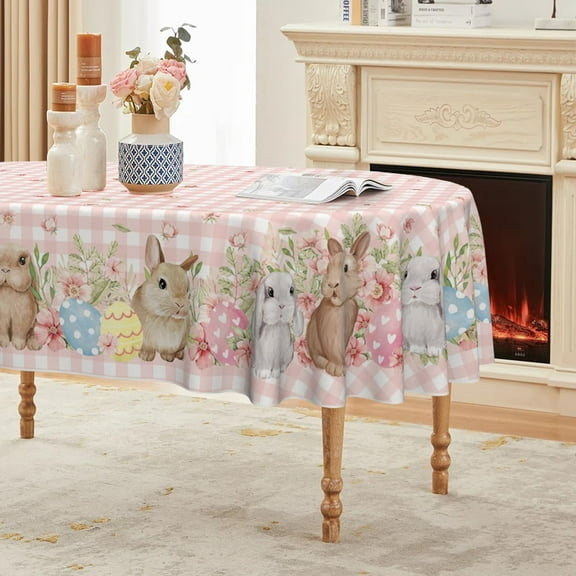 Easter Tablecloth 60×84 Inch Oval, Bunnies Pink Buffalo Plaid Spring Washable Seasonal Table Cover for Party Picnic Dinner Decor