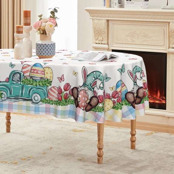 Easter Tablecloth 60×84 Inch Oval, Truck Gnome Easter Eggs Washable Seasonal Table Cover for Party Picnic Dinner Decor