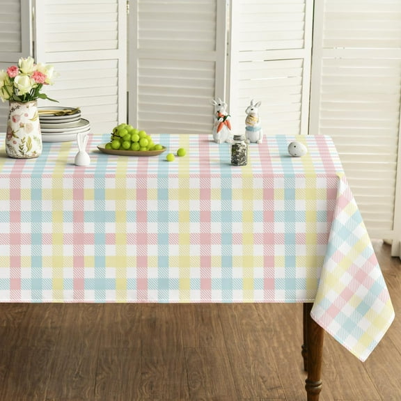 Easter Tablecloth 60×84 Inch Rectangular, Buffalo Plaid Spring Washable Table Cover for Party Picnic Dinner Decor
