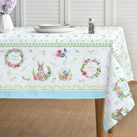 Easter Tablecloth 60×84 inches Spring Summer Floral Bunny Table Cloths Indoor/Outdoor Spillproof Table Cover for Kitchen Dining Decoration Holiday Parties