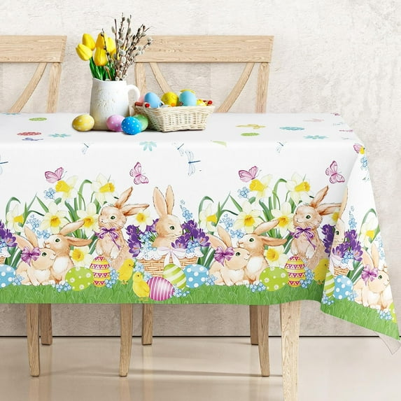 Easter Tablecloth 60 x 102 Inch Colorful Eggs Bunny Table Cover Flower Rectangle Table Cloth for Holiday Home Kitchen Dining Table Decoration Supplies