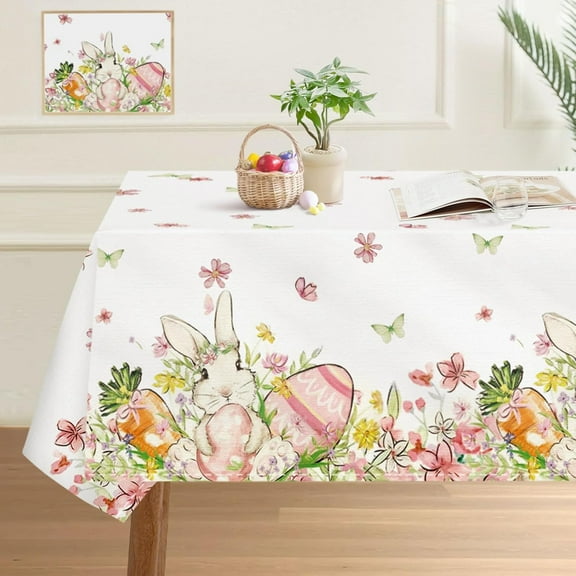 Easter Tablecloth 60 x 120 Inch, Bunny Egg Flowers Happy Easter Table Cloth, Stain and Wrinkle Resistant Washable Rectangle Table Cover for Spring Holiday Party Picnic Dinner Decor