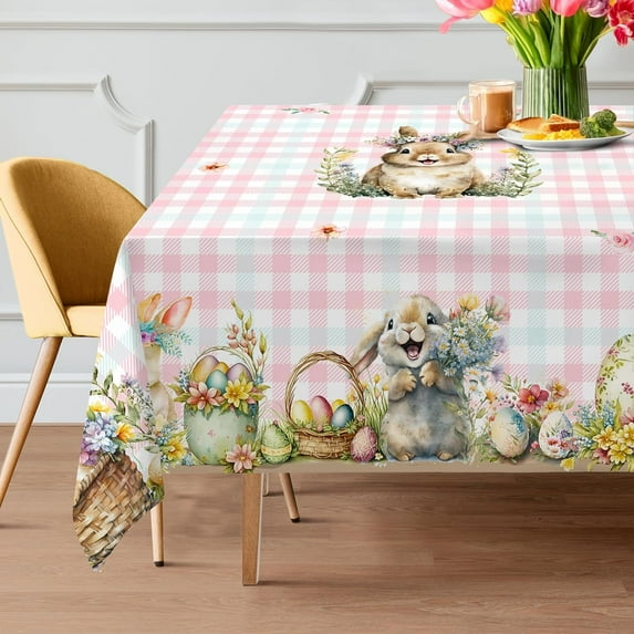Easter Tablecloth 60x104 Inches - Easter Decorations for Home - Pink and Blue Plaid Spring Table Cloth Rectangle Bunny Easter Decor for Home, Table, Party, Kitchen