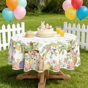 Easter Tablecloth 60x60 Inch - Colorful Bunny Egg Floral Print Washable Waterproof Round Decorative Spring Party Table Cover
