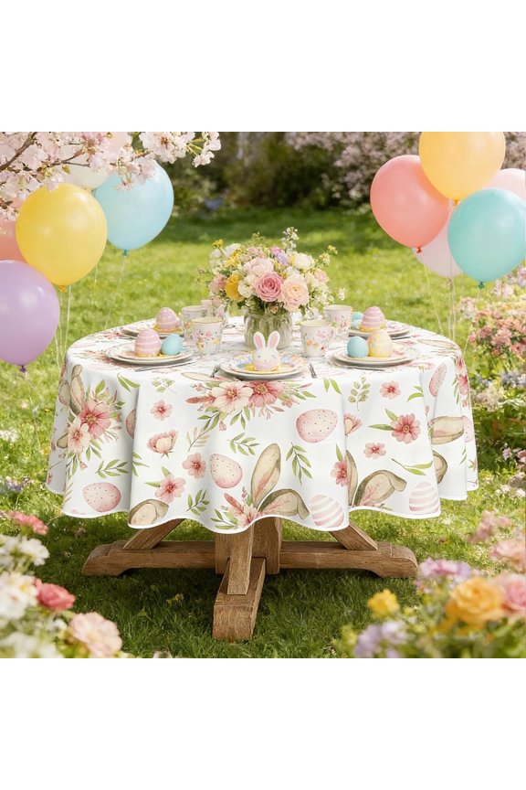 Easter Tablecloth 60x60 Inch White Floral Bunny Egg Print Square Table Cover, Waterproof Washable for Spring Party Dining Decor