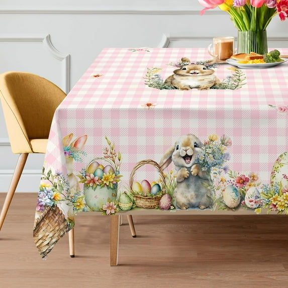 Easter Tablecloth 60x84 Inch Rectangle - Pink Plaid Easter Decorations for The Home - Water Resistant Spring Table Cloth Rectangle for Party,Table,Outdoor