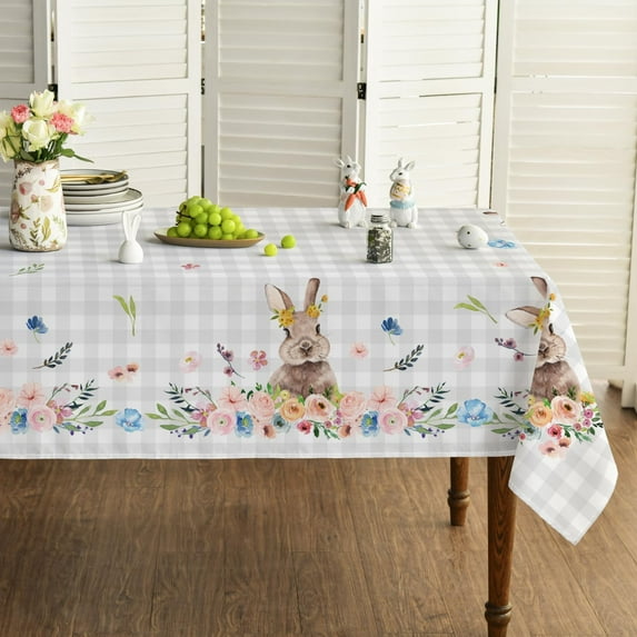 Easter Tablecloth 60x84 Inch Rectangular, Spring Flower Buffalo Plaid Bunny Table Cover for Party Picnic Dinner Decor