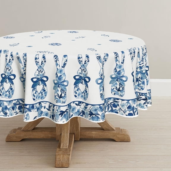 Easter Tablecloth 70×70 Inch Round, Spring Carrots Bunny Blue White Porcelain Washable Seasonal Table Cover for Party Picnic Dinner Decor