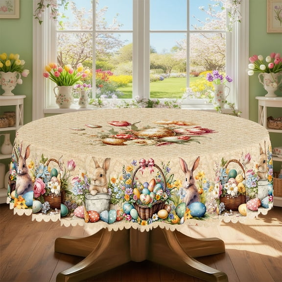 Easter Tablecloth 70 Inch Square, Waterproof Polyester Fabric with Cute Rabbits Easter Eggs Floral Print, Wipeable Spill-Proof Cover for Indoor Outdoor Dining Picnic Decor,B