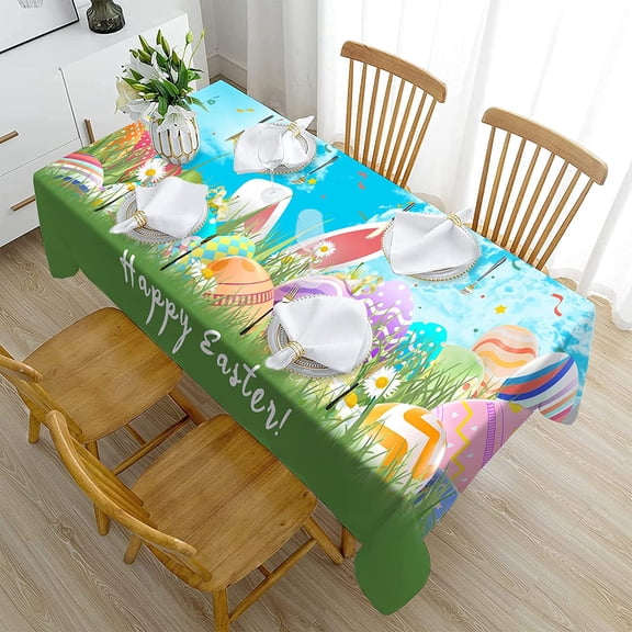 Easter Tablecloth Easter Colorful Eggs Cute Bunny Ears Spring Flowers Grass Table Cloth Polyester Washable Rectangle Table Cover,60×84 inch