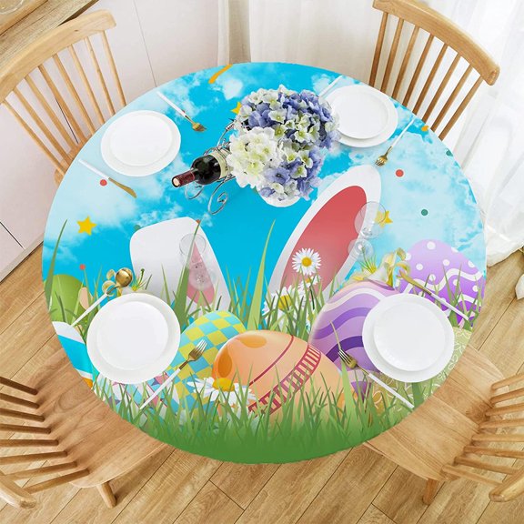 Easter Tablecloth Easter Colorful Eggs Cute Bunny Ears Spring Flowers Grass Table Cloth Polyester Washable Rectangle Table Cover,Round 60 inch