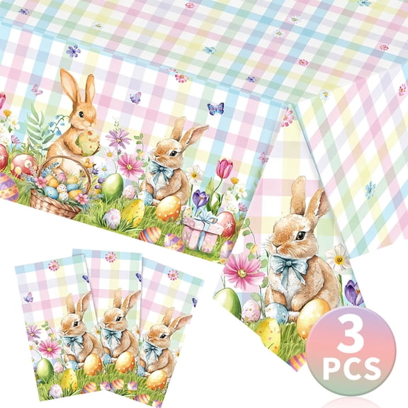 Easter Tablecloth Easter Decorations Egg Bunny Disposable Plastic Rectangle Water Resistant Spring Table Cloth for Party Supplies 108 * 54 inch 3PCS Design2