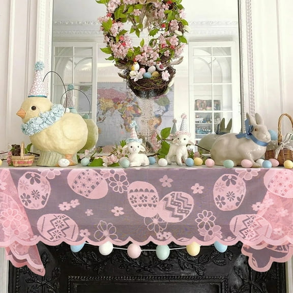 Easter Tablecloth, Easter Lace Table Flag Pineapple Bunny Eggs Table Coffee Table Holiday Decorations Scandinavian Tablecloths, Easter Bunny Table Cloths(Pink, 13.4x70.8in)