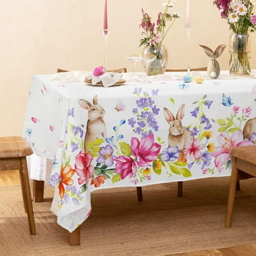 Easter Tablecloth, Fabric Spring Floral Easter Coloring Bunny Rectangle Table Cloth For Easter Dining Room Decorations, Waterproof Wrinkle Free Easter Tablecloth Rectangle 60 X 120 Easter Table Cover