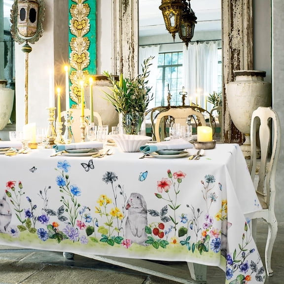 Easter Tablecloth, Fabric Spring Floral Easter Coloring Bunny Rectangle Table Cloth For Easter Dining Room Decorations, Waterproof Wrinkle Free Easter Tablecloth Rectangle 60 X 84 Easter Table Cover