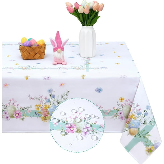 Easter Tablecloth, Flower Egg Table Cloth, Spring Floral Table Covers for Outdoor, Colorful Eggs Waterproof Tablecloths for Easter Dinner Kitchen Party Decor, White, 55 x 55 inch