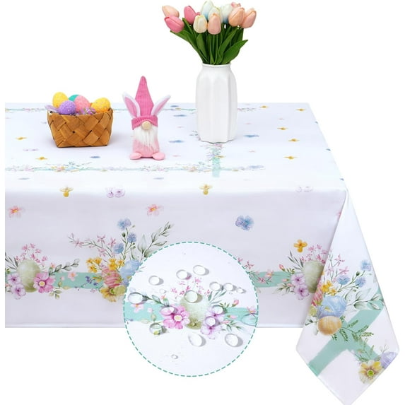 Easter Tablecloth, Flower Egg Table Cloth, Spring Floral Table Covers for Outdoor, Colorful Eggs Waterproof Tablecloths for Easter Dinner Kitchen Party Decor, White, 60 x 84 inch
