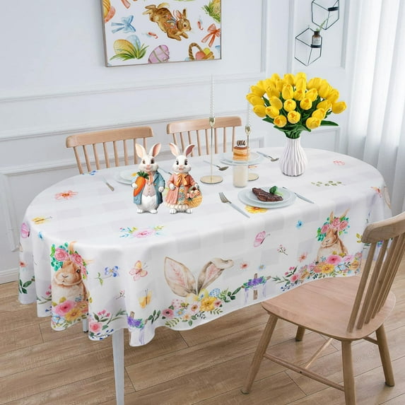 Easter Tablecloth Oval 52x70 Inch, Spring Floral Bunny Buffalo Plaid Easter Table Cloth Decor for Dinner Party Picnic