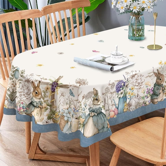 Easter Tablecloth Oval 60x84 inch, Fabric Washable Spring Floral Eggs and Bunny Decoration Table Cover Spillproof, Dining Table Cloths Indoor or Outdoor Party Table Decor