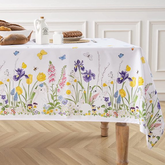 Easter Tablecloth,Rabbit Flower Easter Table Decor,Bunny Multicolour Floral Butterfly Table Cover,Washable Polyester Spring Tablecloth for Home Party Dining Picnic(60x84 Inch,Rectangle)