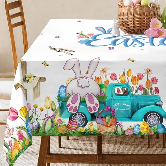 Easter Tablecloth Rectangle 60 x 84 Inch, Easter Table Cloth Bunny Eggs Truck Tablecloths for Party Home Dinner Decor