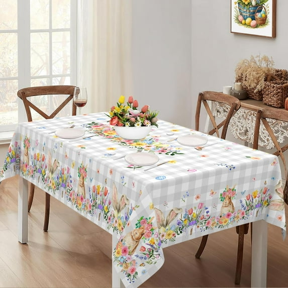 Easter Tablecloth Rectangle 60x120 Inch, Spring Floral Bunny Buffalo Plaid Easter Table Cloth Decor for Dinner Party Picnic