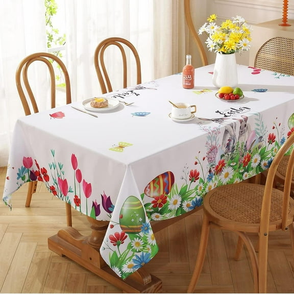 Easter Tablecloth for Rectangle Tables, Washable Spring Table Cover Printed with Colorful Easter Eggs and Bunnies for Dinner Table, Party and Easter Decoration (Rectangle,60" x 102")