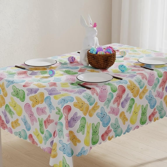 Easter Tablecloth Rectangle, Washable Colorful Bunny Spring Waterproof Scalloped Edge Fabric Table Cover Decorations