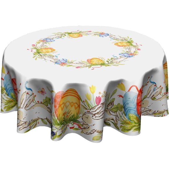 Easter Tablecloth Round 60 Inch Cute Bunny Colorful Easter Eggs Table Cloth for Kitchen Dining Spring Rabbit Flower Circle Table Cover Polyester Fabric Waterproof for Holiday Party Decor
