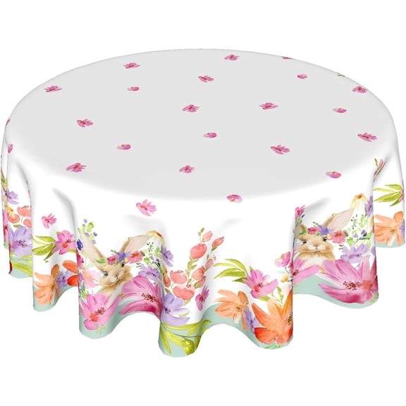 Easter Tablecloth Round 60 Inch,Easter Cute Bunny Polyester Circle Table Cloth,Colorful Spring Flowers Wrinkle Stain Resistant Washable Table Cover for Kitchen Dining Room Holiday Party Picnic Patio