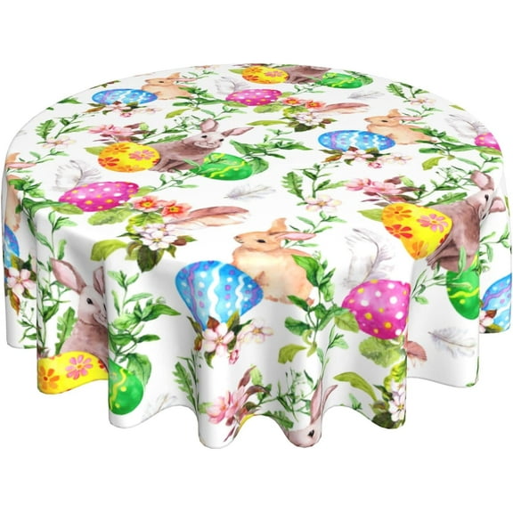 Easter Tablecloth Round 60 Inch,Spring Easter Bunny Colored Eggs in Grass Table Cloth Waterproof Washable Polyester Table Cover for Kitchen Dining Table Picnic Easter Party Decoration
