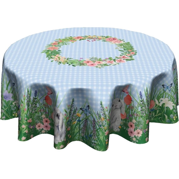 Easter Tablecloth Round 60 Inch Spring Flowers Bunny Table Cloths Polyester Fabric Blue Plaid Flowers Rabbit Table Cover for Kitchen Dining Room Picnic Party Spring Outdoor