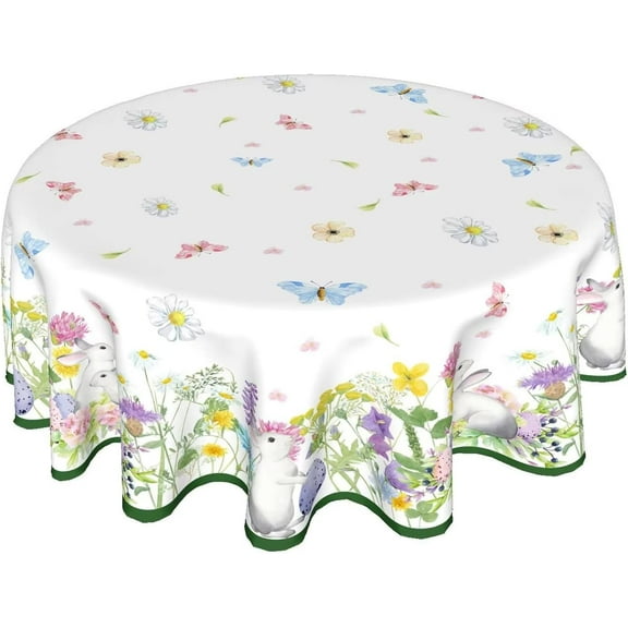 Easter Tablecloth Round 60 Inch Spring Tablecloth Polyester Fabric Easter Table Cloth Bunny Eggs Grass Flowers Butterfly Pattern Table Cover Decorative for Kitchen Party Dinner Outdoor/Indoor