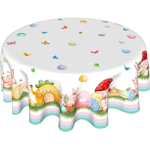 Easter Tablecloth Round 60 Inch Washable Farmhouse Spring Easter Table Cloth Cute Bunny Eggs Tablecloth for Kitchen Dining Room Holiday Picnic Party Indoor or Outdoor Decor