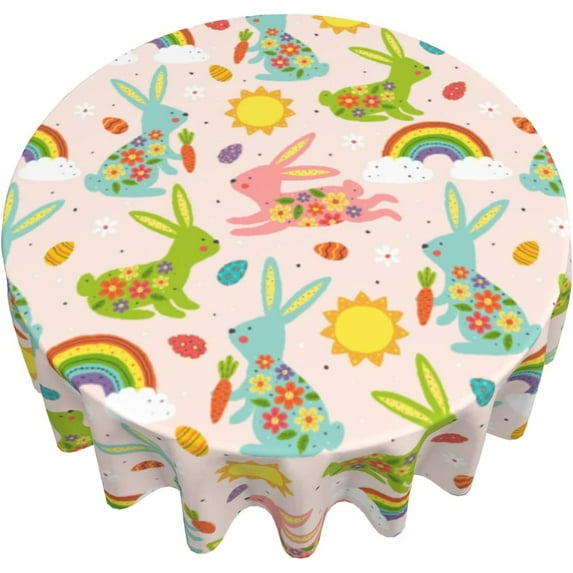 Easter Tablecloth Round 60 inch Easter Bunny Table Cloth Cover with Spring Boho Flowers Cute Rabbit Happy Easter Eggs Washable Table Decoation for Dining Kitchen Holiday