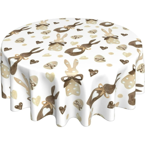 Easter Tablecloth Round 70 Inch Brwon Cream Love Heart Bunny Table Cloth,Stain Resistance Polyester Spring Rabbits Table Covers for Kitchen Dining,Small Tablecloth for Party Picnic