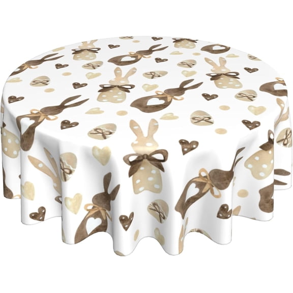 Easter Tablecloth Round 70 Inch Brwon Cream Love Heart Bunny Table Cloth,Stain Resistance Polyester Spring Rabbits Table Covers for Kitchen Dining,Small Tablecloth for Party Picnic