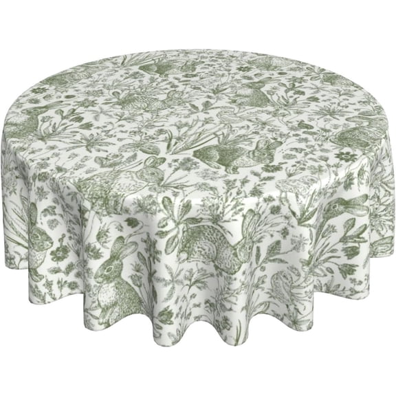 Easter Tablecloth Round 70 x 70 Inch Spring Sage Green Wildflowers Bunny Round Table Cloth Polyester Fabric Botanical Sage Green Easter Floral Table Cover for Kitchen Party Picnic Outdoor Decor